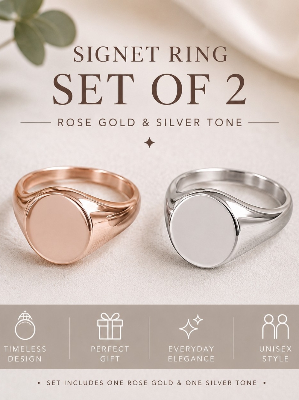 Signet Ring Set of 2 Rose Gold Silver Tone Minimalist Statement Ring Sizes 5-8.5